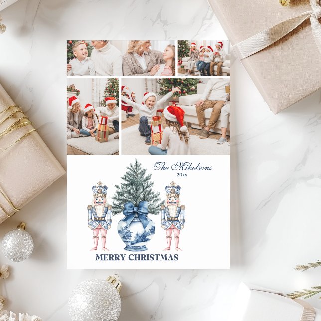 4 Photo Blue Chinoiserie Nutcracker Christmas Holiday Card (Creator Uploaded)