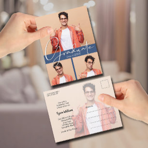 4 Photo Blue Graduation Party Invitation Postcard