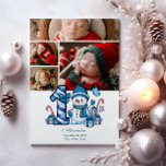 4 Photo Blue Snowman First Christmas Holiday Card<br><div class="desc">Celebrate your little one’s first holiday season with this cheerful winter design featuring a blue plaid number,  adorable snowman,  and scattered candy canes and gifts. Customise it with your baby's photo and birth details to create a keepsake that brings charm and magic to your holiday memories.</div>