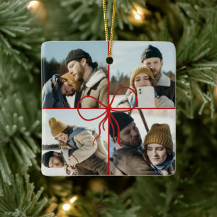 4 Photo Bow Wrap Christmas Newlyweds Modern Ceramic Ornament