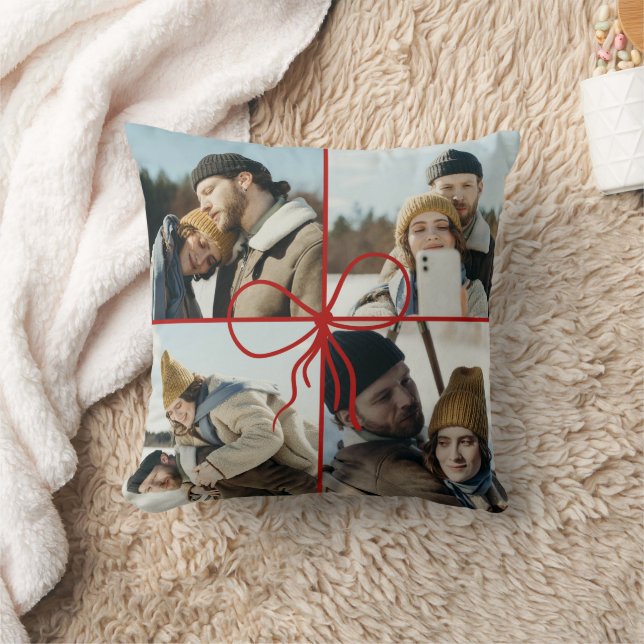 4 Photo Bow Wrap Christmas Newlyweds Modern Cushion (Blanket)