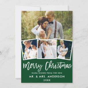 4 Photo Brush Script Wedding Christmas Green Holiday Card