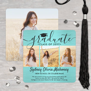 4 Photo Brushed Teal Blue Black Modern Graduation Announcement