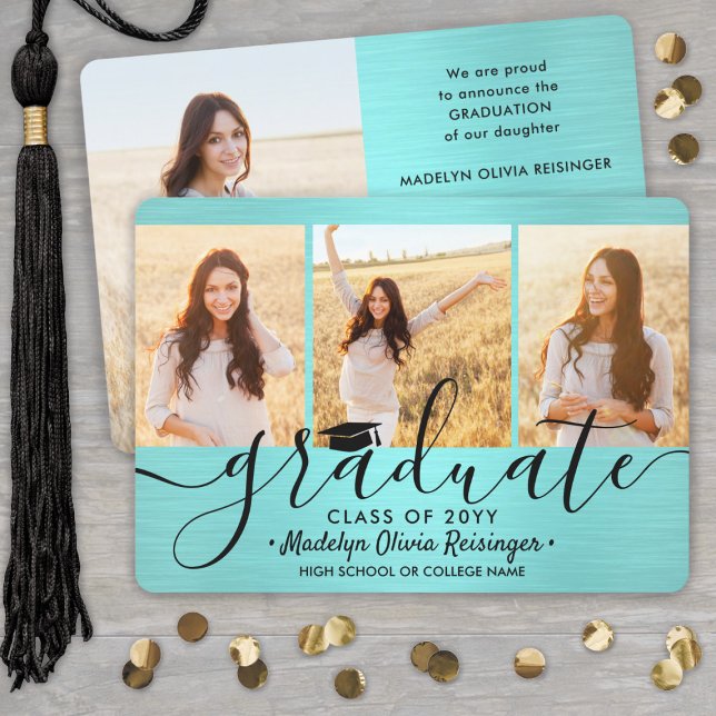 4 Photo Brushed Teal Blue Black Simple Graduation Announcement (Creator Uploaded)