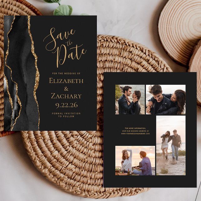 4-Photo Budget Black Gold Agate Dark Save the Date (Creator Uploaded)