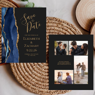 4-Photo Budget Navy Gold Agate Dark Save the Date