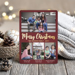 4 Photo Burgundy Merry Christmas Modern Collage Foil Holiday Card<br><div class="desc">Send stylish joyful greetings and share your favourite pictures with a custom four photo collage burgundy and gold foil holiday card. All text on this template is simple to customise to include any wording, such as Merry Christmas, Happy Holidays, Seasons Greetings, New Year Cheers etc. (IMAGE PLACEMENT TIP: An easy...</div>