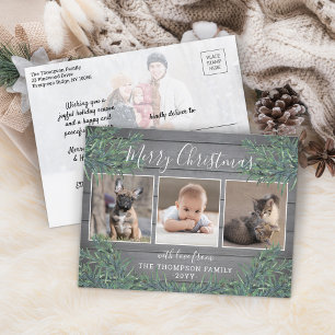 4 Photo Christmas Greenery & Rustic Grey Wood Holiday Postcard