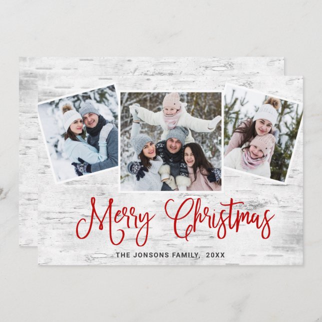 4 PHOTO Christmas Rustic Birch Bark Greeting Holiday Card (Front/Back)