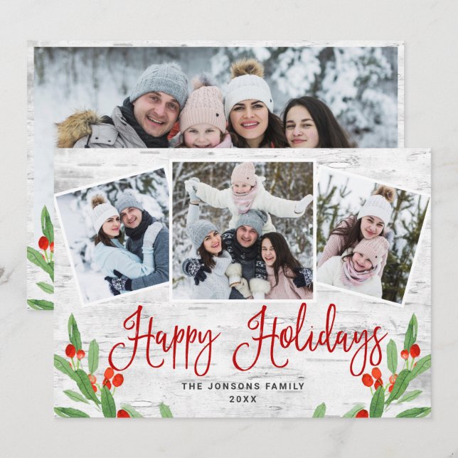 4 PHOTO Christmas Rustic Birch Bark Greeting Holiday Card (Front/Back)