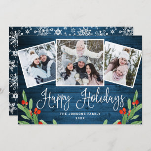 4 PHOTO Christmas Rustic Blue Wood Greeting Holiday Card