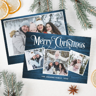 4 PHOTO Christmas Rustic Blue Wood Greeting Holiday Card