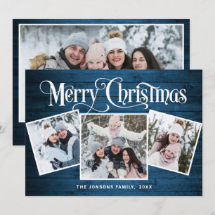 4 PHOTO Christmas Rustic Blue Wood Greeting Holiday Card