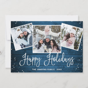 4 PHOTO Christmas Rustic Blue Wood Greeting Holiday Card