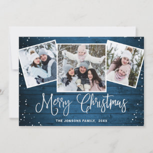 4 PHOTO Christmas Rustic Blue Wood Greeting Holiday Card