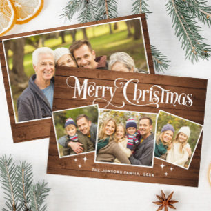 4 PHOTO Christmas Rustic Brown Wood Greeting Boho Holiday Card