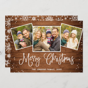 4 PHOTO Christmas Rustic Brown Wood Greeting Holiday Card