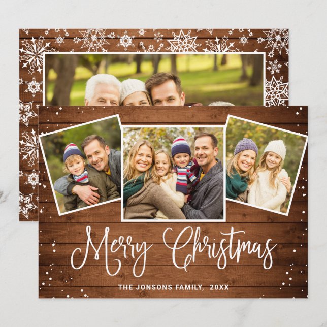4 PHOTO Christmas Rustic Brown Wood Greeting Holiday Card (Front/Back)