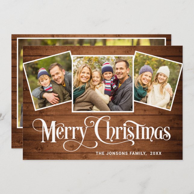 4 PHOTO Christmas Rustic Brown Wood Greeting Holiday Card (Front/Back)