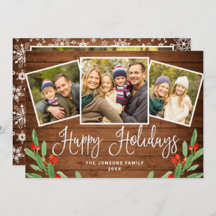4 PHOTO Christmas Rustic Brown Wood Greeting Holiday Card