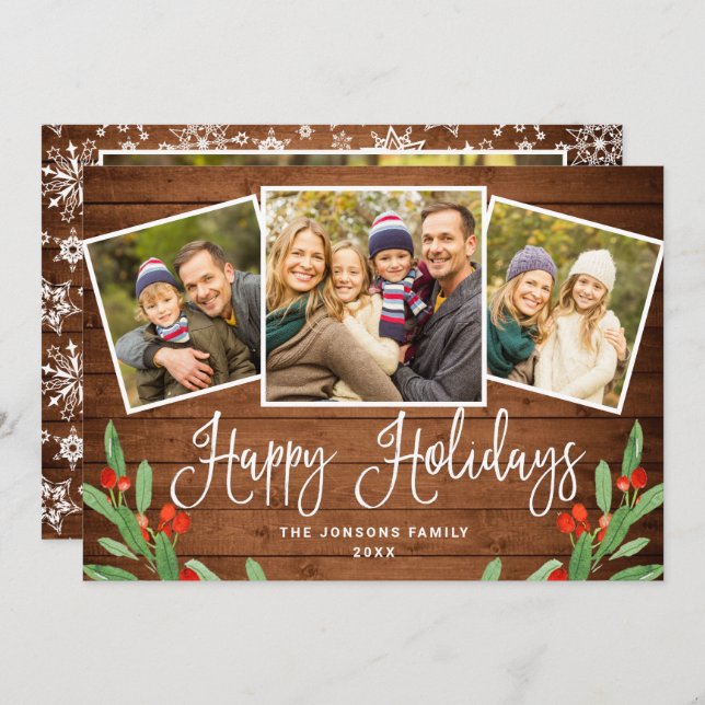 4 PHOTO Christmas Rustic Brown Wood Greeting Holiday Card (Front/Back)