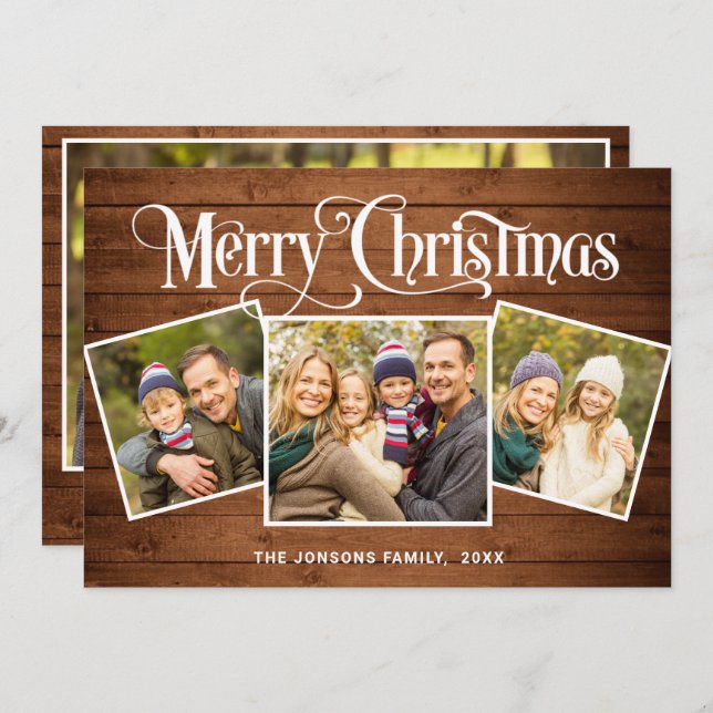 4 PHOTO Christmas Rustic Brown Wood Greeting Holiday Card (Front/Back)