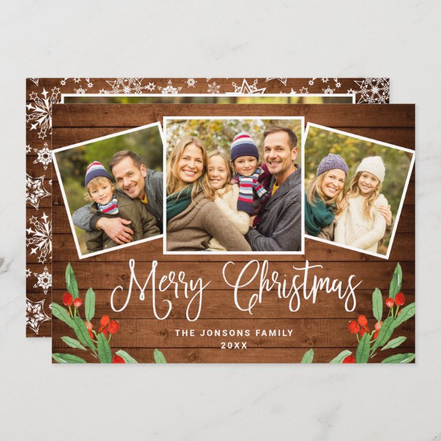 4 PHOTO Christmas Rustic Brown Wood Greeting Holiday Card (Front/Back)
