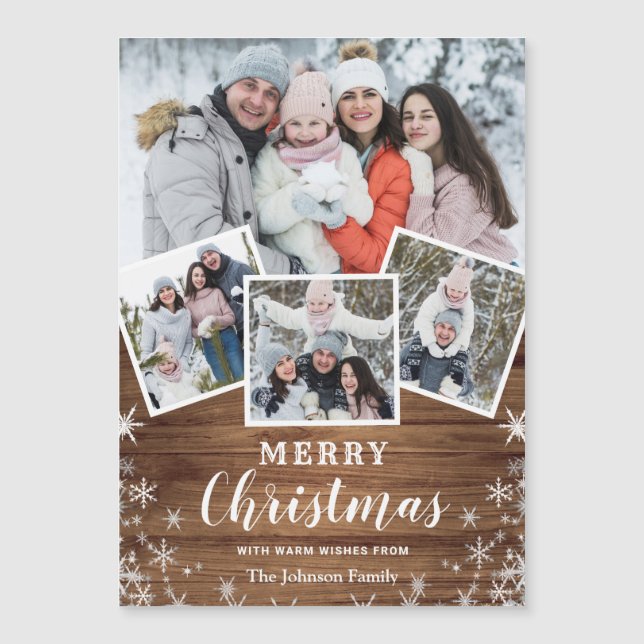 4 PHOTO Christmas Rustic Wood Magnetic Card (Front)