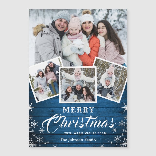 4 PHOTO Christmas Rustic Wood Magnetic Card (Front)