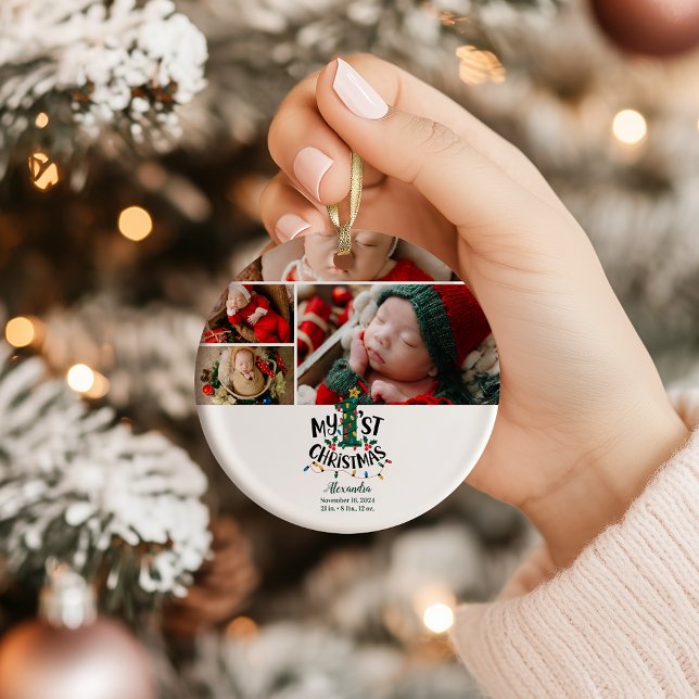 4 Photo Christmas Tree Lights First Christmas Ceramic Ornament (Creator Uploaded)