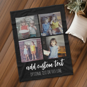 4 Photo Collage - 2 Lines Text - Can Edit Colours Fleece Blanket