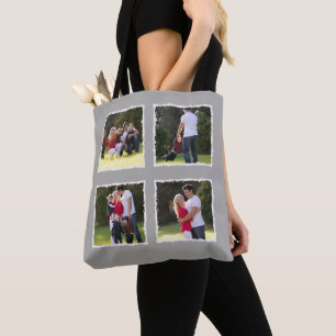 4 Photo Collage Add Family Name Grey Tote Bag