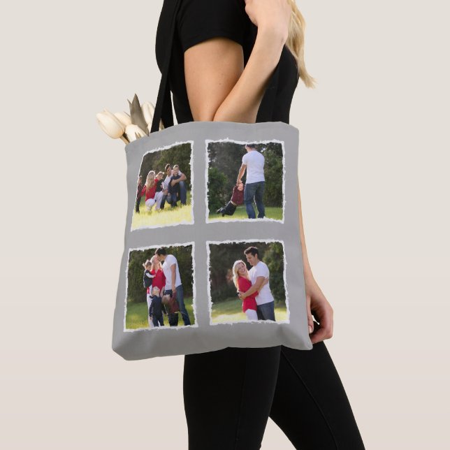 4 Photo Collage Add Family Name Grey Tote Bag (Close Up)