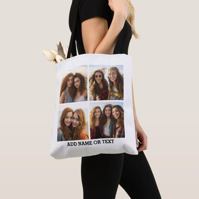 4 Photo Collage and Custom Text White Background Tote Bag (Close Up)