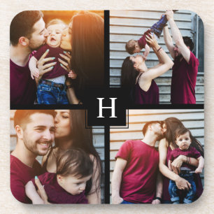 4-Photo Collage and Monogram Coaster