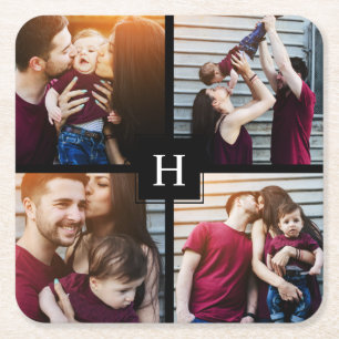 4-Photo Collage and Monogram Square Paper Coaster