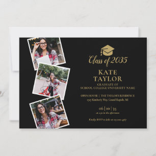 4 Photo Collage  Black And Gold Graduation Party Invitation