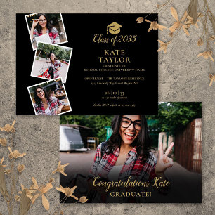 4 Photo Collage Black And Gold Graduation Party Invitation
