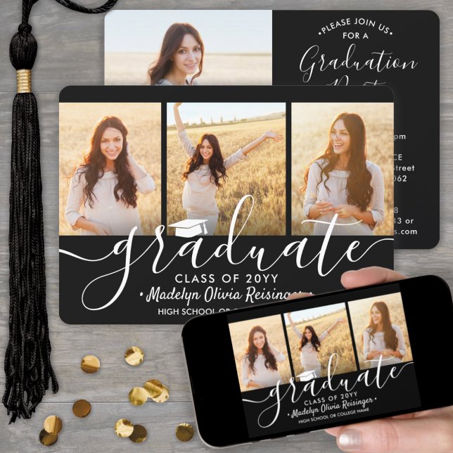 4 Photo Collage Black and White Graduation Party Invitation (Creator Uploaded)