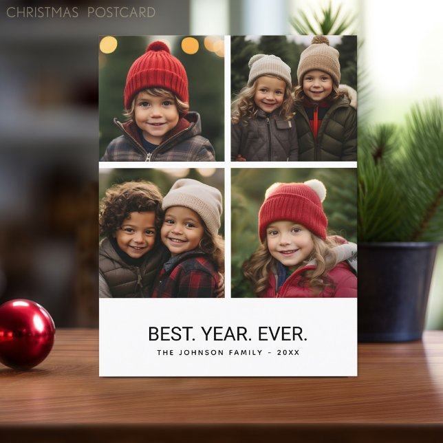 4 Photo Collage Black White - Best Year Ever Holiday Postcard (Christmas Postcard with 4 Photos and the caption - Best Year Ever)