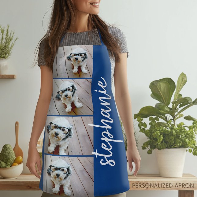 4 Photo Collage - blue with white script name Apron (Personalized Apron)