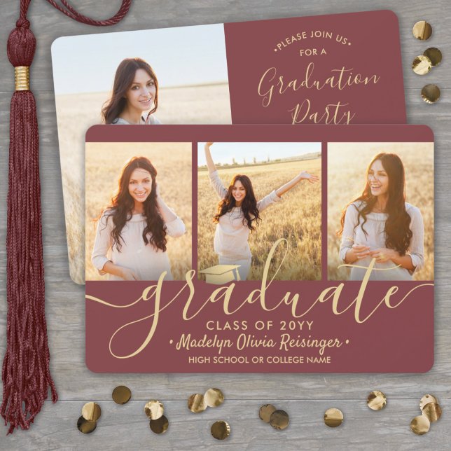 4 Photo Collage Burgundy and Gold Graduation Party Invitation (Creator Uploaded)