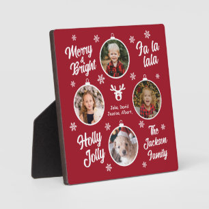 4 Photo Collage Christmas Baubles Red Plaque