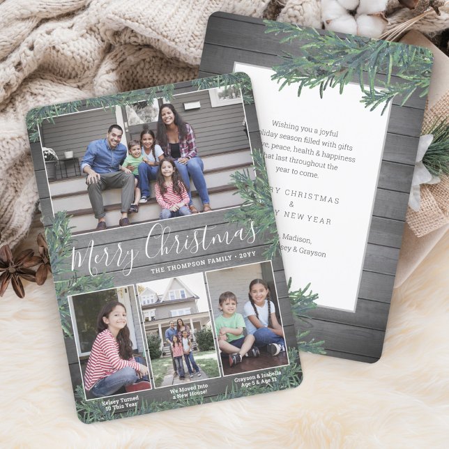 4 Photo Collage Christmas Greenery & Gray Wood Holiday Card (Creator Uploaded)