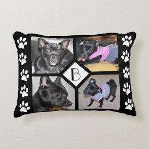4 Photo Collage Dog Initial Black Pawprints Decorative Cushion