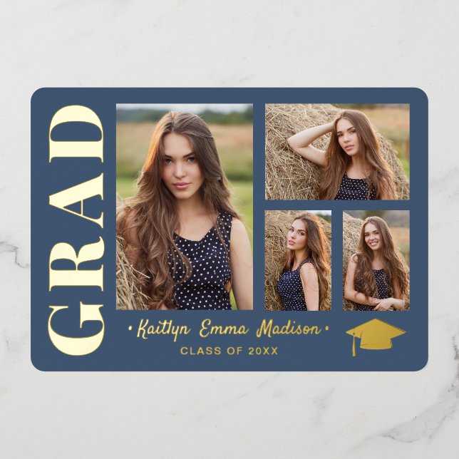4 Photo Collage Dusty Blue & Gold Foil Grad Card (Front)