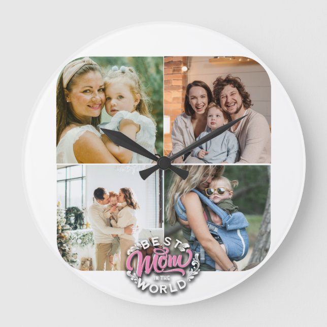 4 Photo Collage Family Memory Mother's Day Large Clock (Front)