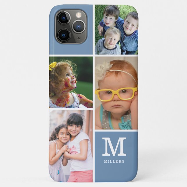 4 Photo Collage Family Monogram Name  Slate Blue Case-Mate iPhone Case (Back)