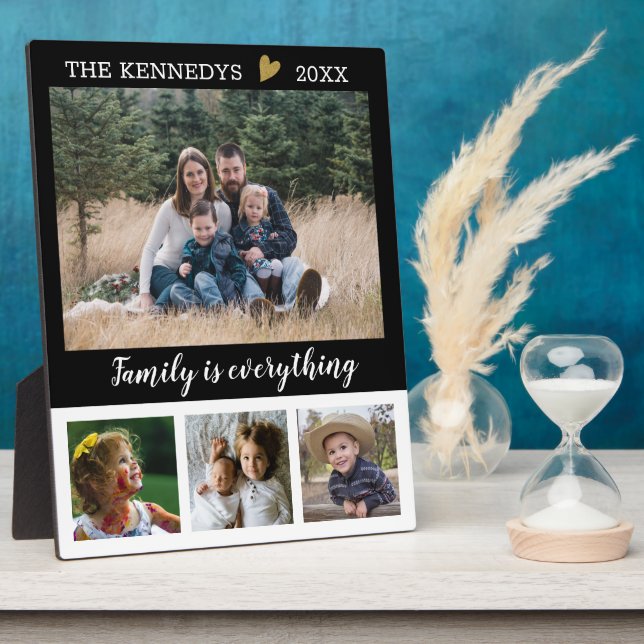 4 Photo Collage Family Name Black And White Quote Plaque (Side)