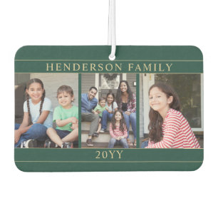 4 Photo Collage Family Name Green and Gold Heart Car Air Freshener